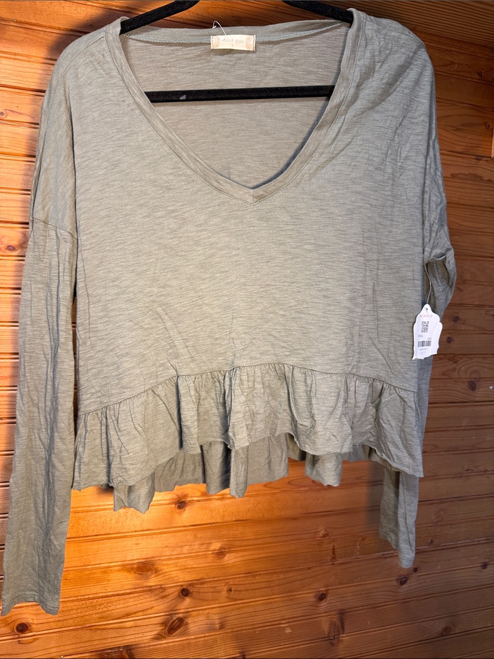 Altar'd State Light Olive Ruffle-Hem V-Neck Long Sleeve Top